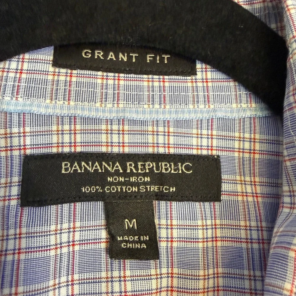 Banana Republic Grant Fit Mens Medium Blue Red Non-Iron Cotton Stretch Shirt